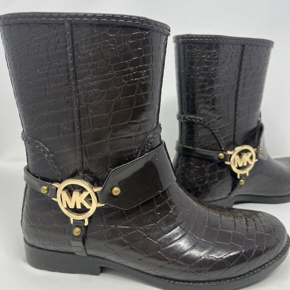Michael Kors Rain Booties Dark Brown Croc Embossed Equestrian Rubber Rainboot S7 - Picture 5 of 14